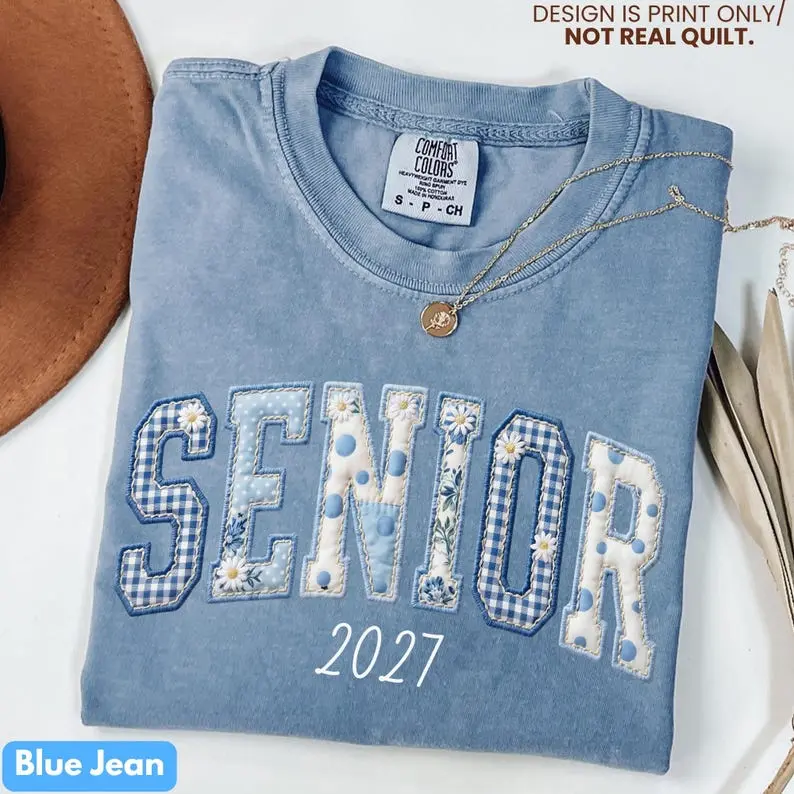Senior 2027 Faux Patchwork Comfort Colors Shirt, Graduation Tee, Class of 2027 Gift