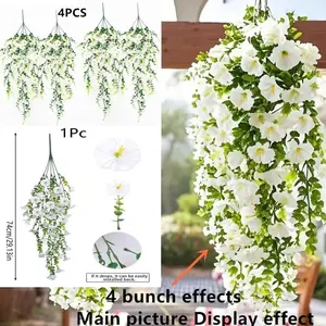 4 pieces Outdoor flower-style hanging flowers, Artificial flower decorations, Artificial petunia with eucalyptus leaves UV protection Highly realistic appearance, Suitable for outdoor flower pots, porches, balconies