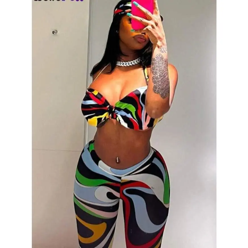 IMB Women's Colorful Print Halter 2 Piece Set Top + Leggings Outfit by Weird Puss