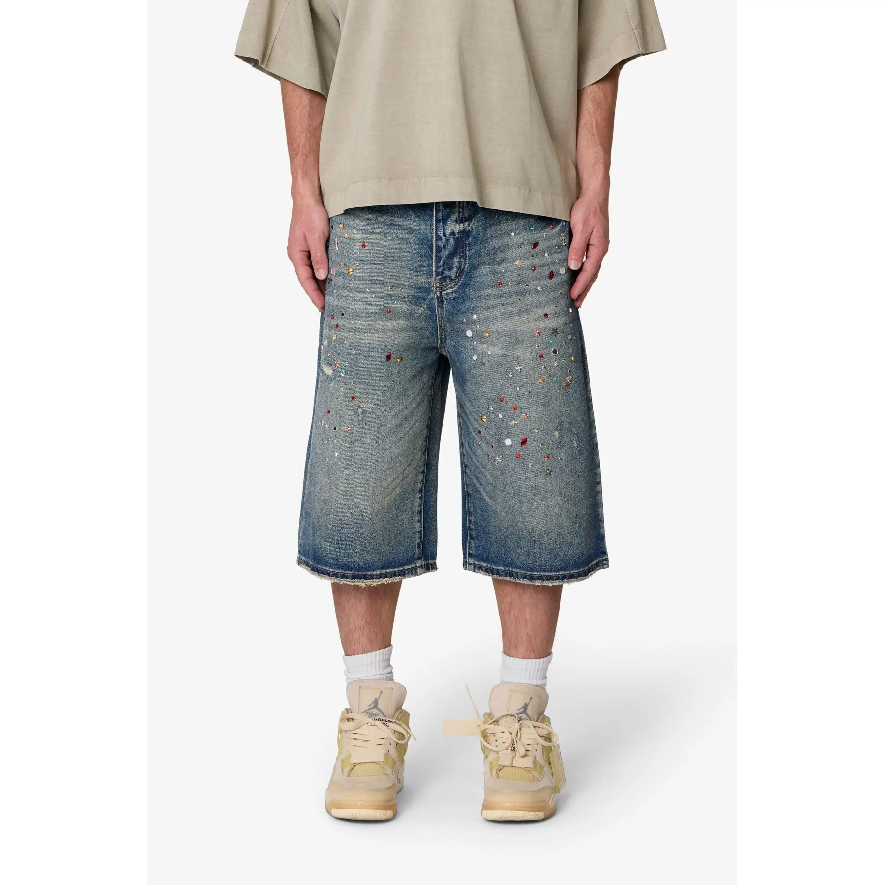mnml Ultra Baggy Crystal Denim Shorts - Blue
