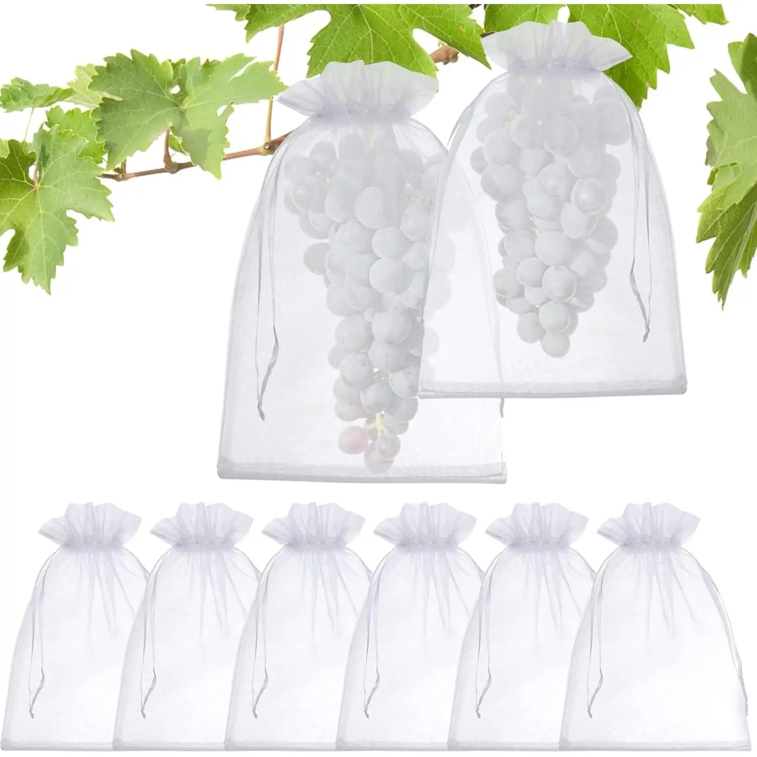 50 count Fruit Protection Bags, 8x12 White Fruit Netting Bags for Fruit Trees Fruit Cover Mesh Bag with Drawstring, Netting Barrier Bags for Grapes Mango Fruit Trees Veggies Garden
