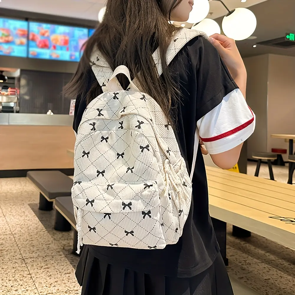 Black Corduroy Kids' Backpack - Lightweight, Adjustable Shoulder Straps, Bow Design, Durable Zipper Closure, Polyester Lining, Secure Storage Pouch, Backpacks for School Travel