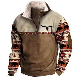 Bull Head Print Men's 1/4 Zip Fleece Jacket with Classic Menswear Stylish Coats Tops Underwear Outfit Casual Stand Collared Longsleeves Cotton Cowboy