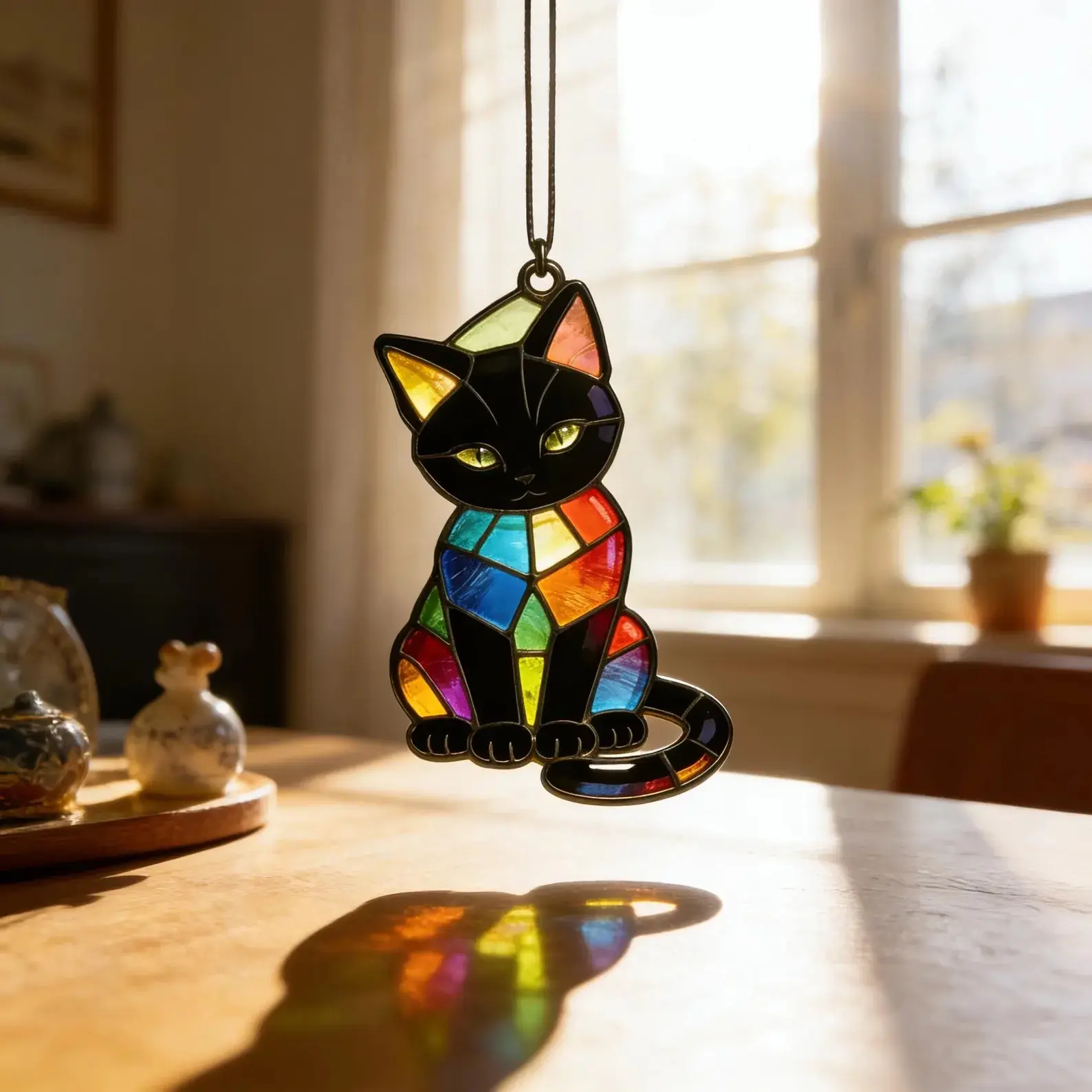 Colorful Stained Glass Black Cat Suncatcher Window Hanging Acrylic Ornament, Rainbow Maker Light Catcher Handcrafted Pet Memorial Gift for Cat Lovers Home Office Decor