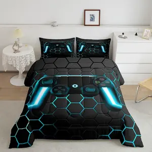 Feelyou Gamer Comforter Set - Soft Microfiber Soft Blanket Bedding, Neon Light Accents, Geometric Hexagon Pattern Bedding, All-Season Gamepad Design for Boys, Geometric Pattern Bedding