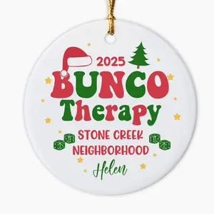 Personalized Bunco Therapy Ceramics Ornament - Custom Name Dice Game Decor, 3 in Vibrant Eclectic Style, Christmas Holiday Keepsake Gift for Bunco Enthusiasts