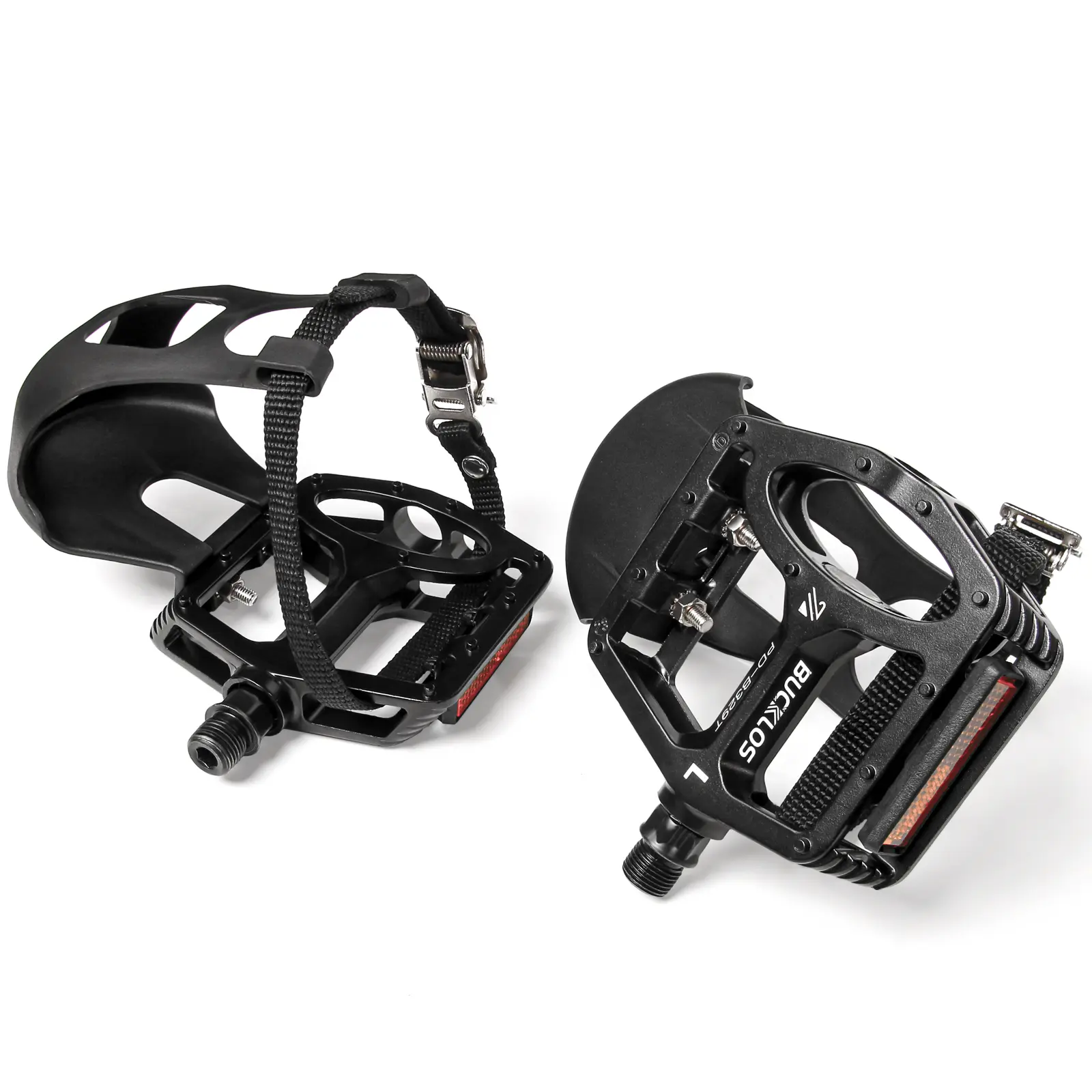 Bucklos Bike Pedals with Toe Cages and Straps - Bicycle Toe Clips Cage Compatible with Peloton/Road/Mountian/Spin Bike - Toe Clip Pedal for Regular Shoes Indoor Outdoor Cycling (9/16''), Adjustable Strap, Aluminum Alloy