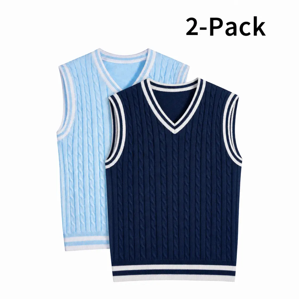 Men’s V-Neck Cable Knit Waistcoat - Vintage Preppy Sleeveless Pullover with Striped Trim, Foldable Menswear Classic Clothes, Smart Casual Fall Layering Fashion Apparel for School & Daily Wear, Knitwear