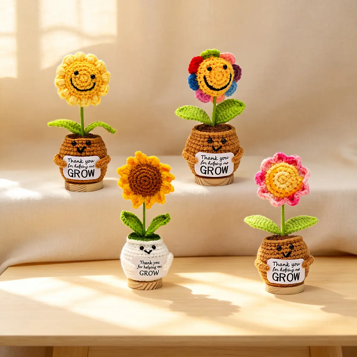 Handcrafted Knit Fabric Sunflower Pot with Inscribed "Thank You for Helping Me Grow" Message - Flower Design Floral Decoration, Ideal Graduation Gift for Teachers