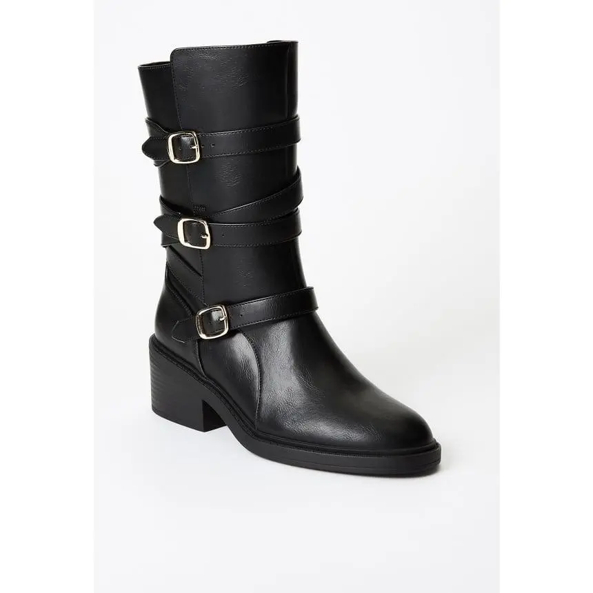 JUST FAB Women Pointed Toe Buckle Strap Mid-Calf Chunky Heel Boots Flat Boot Functional Inside Zipper Easy Pull on Fashion Boot Everyday Wear Party Outdoor Concert Wedding Dress Shoe