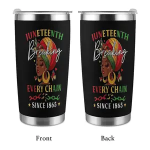 Juneteenth Breaking Every Chain Since 1865 20oz Black Insulated Tumbler, Stainless Steel Freedom Travel Mug, Vibrant African American Woman Illustration, Pan-African Red Green Yellow Colors, Independence Day Celebration Drinkware