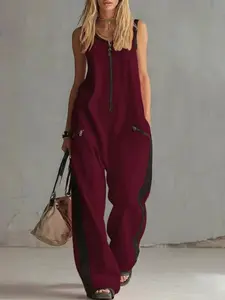 2026 Summer New Sleeveless Jumpsuit, Zipper Round Neck Casual Jumpsuit, Colorblock Striped Wide Leg Pants, Multi-Color Sporty Jumpsuit, Overalls