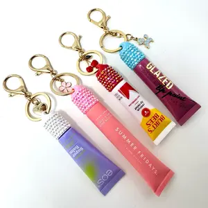 Lip Gloss Cap Keychain Bedazzled Summer Friday Lip Balm Holder Cute Charm Keychain Cute Gift for Her Beauty Accessory Bedazzled Rhinestone Keychain