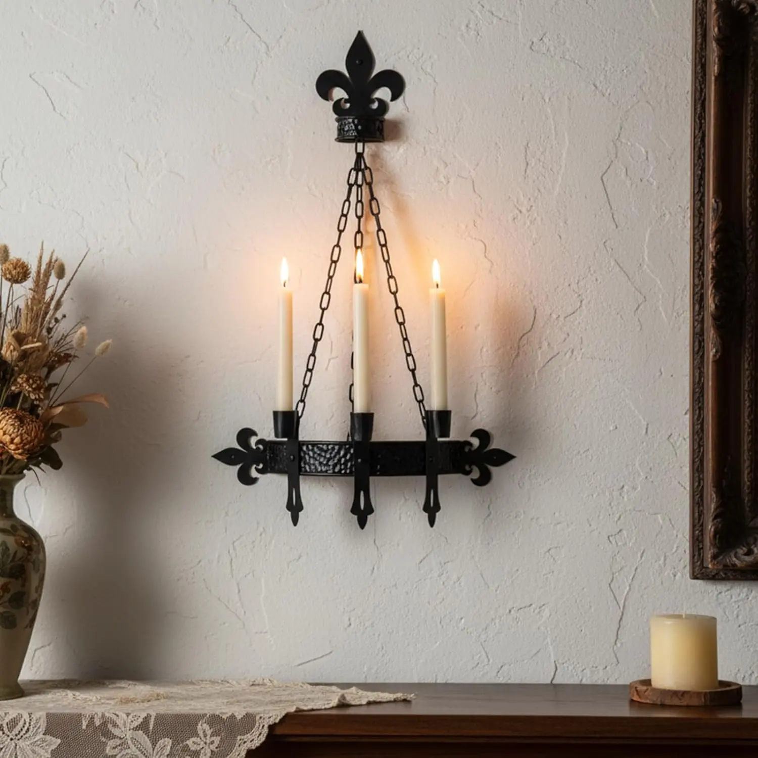 Black Candle Sconces, 3-Candle Wall Sconces for Taper Candle, Gothic Victorian Candelabra Wall Decor, Rustic Holder for Bathroom, Staircase, Living Room, Dining Room，Set of 1