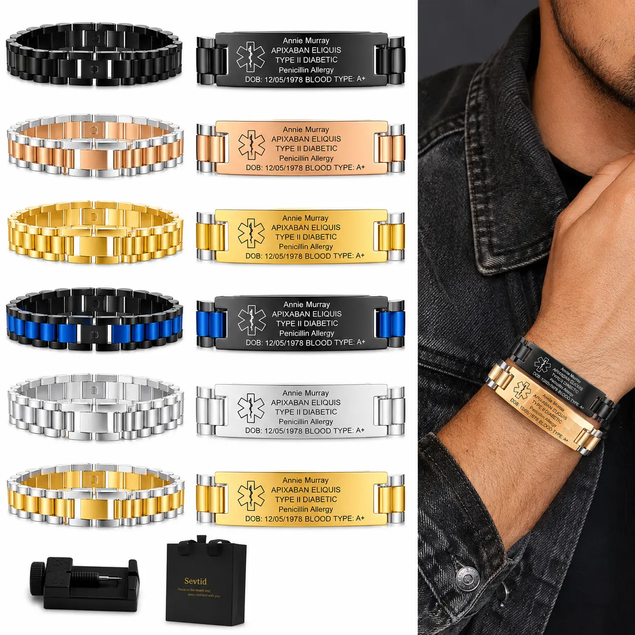 Medical ID Bracelet for Men: Free Engraving Black Masculine Watch Band Style Medical Alert Wristband Personalized Medic ID Bracelet Jewelry for Men