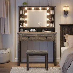 Vanity Desk with Mirror and Lights Farmhouse Makeup Vanity Desk with 10 Led Bulbs & Charging Station Vanity Table with 2 Drawers & Shelves 3 Color Modes Adjustable Brightness farmhouse  storage dressing  table
