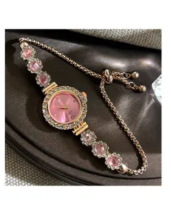 1PC Women's Pink Crystal Beaded Bracelet Watch – Elegant Quartz Watch with Diamond Scale Dial, Back-to-School Gift