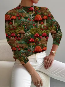 Women's Fall Winter Knitted Sweater, Elegant Heart Pattern, Stand Collar Color Block Mushroom Print, Casual Holiday Commute Wear