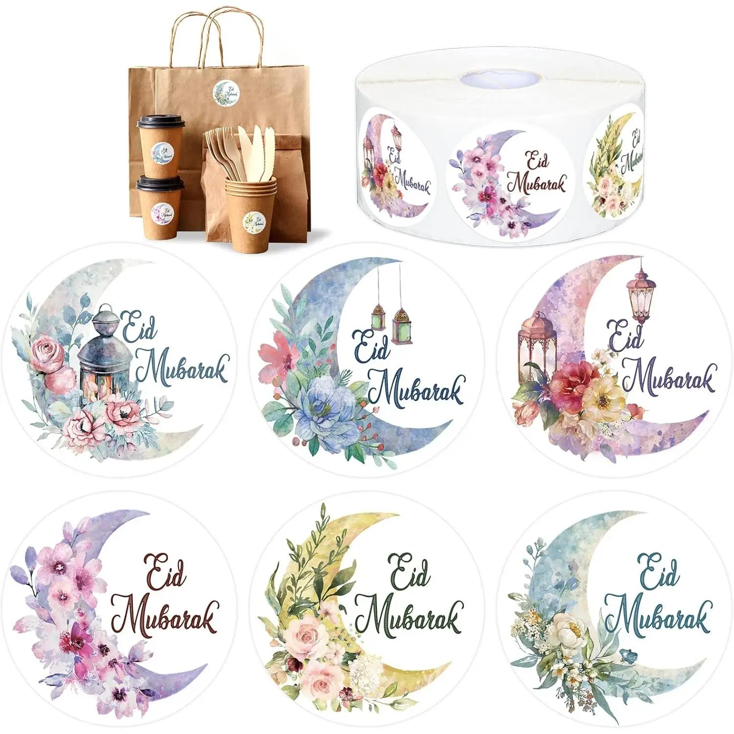 1000Pcs Ramadan Stickers Roll Moon Flower Pattern Eid Mubarak Stickers Self-Adhesive Islamic Muslim Decoration Ramadan Labels for Eid Party Decorations Ramadan Party Supplies, 6 Design