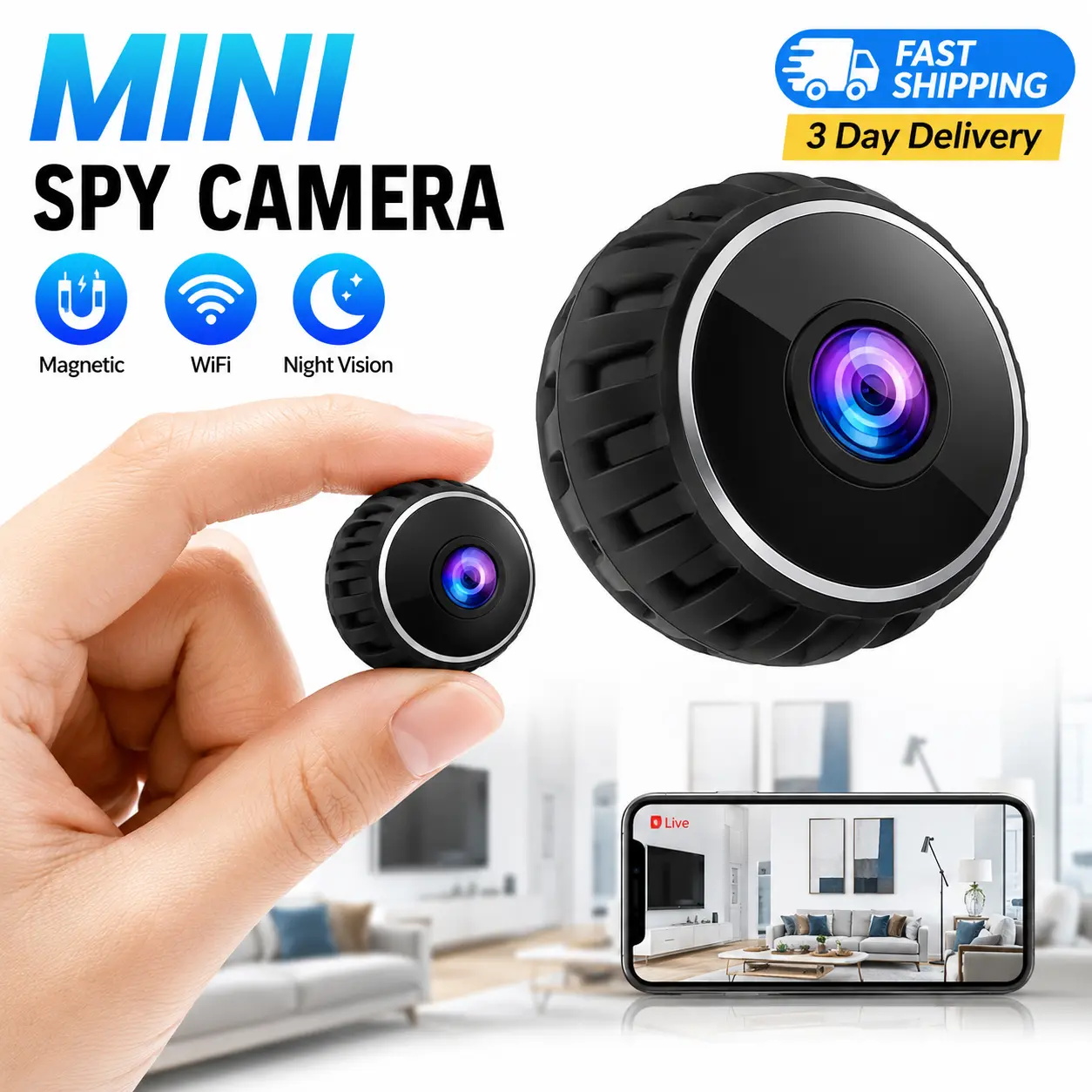 Mini WiFi Magnetic Camera Security - 960P HD Video Recording, Night Vision, Wireless Indoor Surveillance Camera for Office, Car Monitoring
