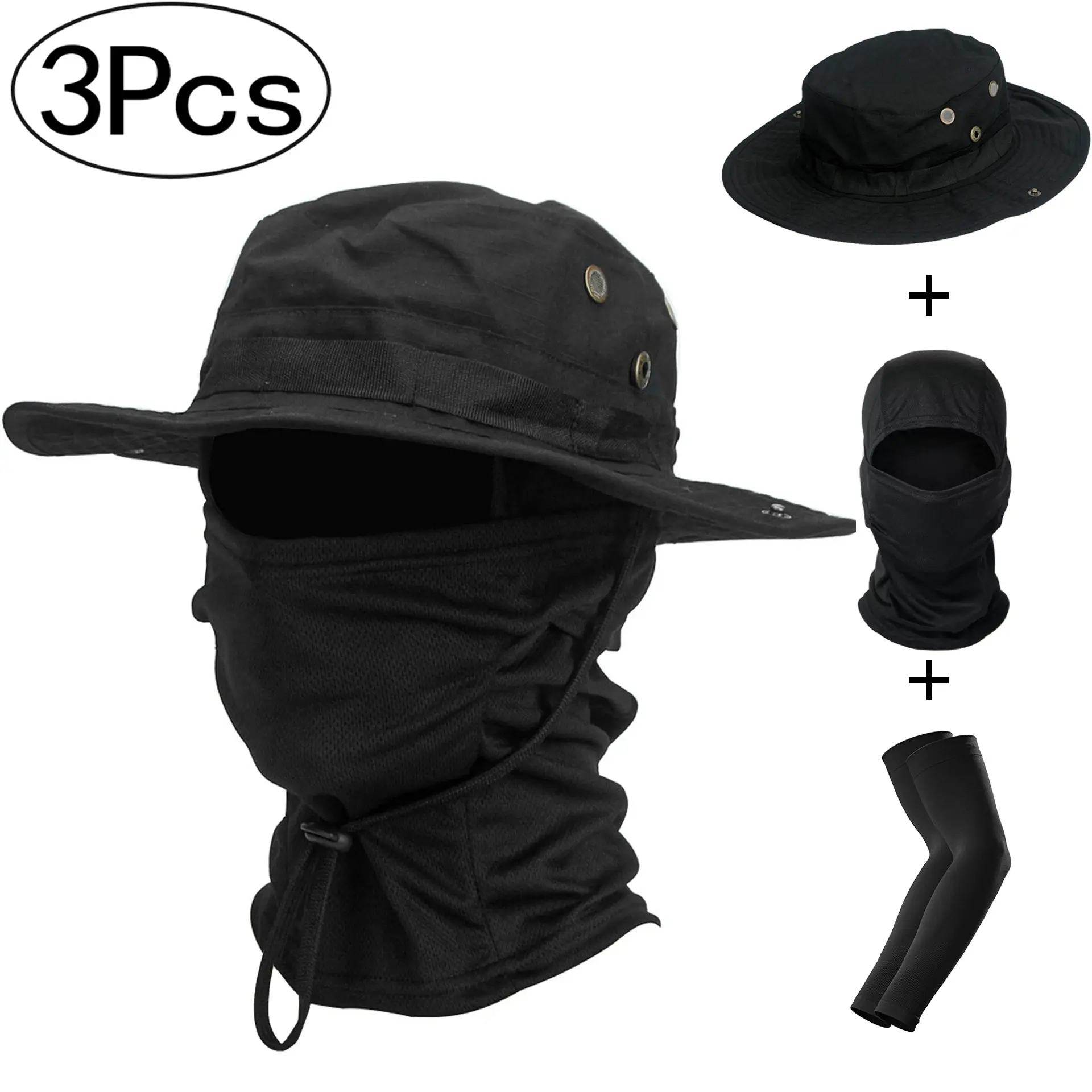 Men's UV Protection Military Camouflage Hat & Balaclava & Arm Sleeves Set for Outdoor Sports, Hiking and Camping, Wide Brim Adjustable Sun Hat