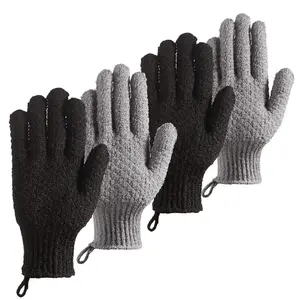 Bath Exfoliating Gloves for Bathing - 4 Pcs Lengthened Large Scrubbing Gloves for Shower Spa Massage - Scrub Mitts for Body Face Hand and Foot Black and Gray Extended Bath Gloves Textured Nylon Easy to Carry - Soap