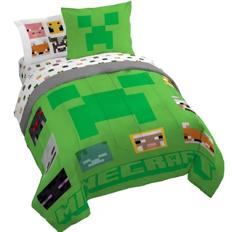 Minecraft Creeper Twin-Full Complete Bedding Set with Matching Bedding Sham - Soft, Breathable, 300+ Chem Tested, Character Prints, Cute Game Themes, Ghost & Bee Mix, Sheep Design, Machine Washable, Dry on Low, Kids Room Decor