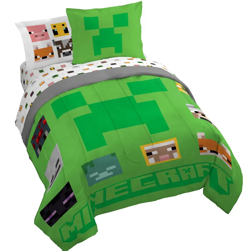 Minecraft Creeper Twin-Full Complete Bedding Set with Matching Bedding Sham - Soft, Breathable, 300+ Chem Tested, Character Prints, Cute Game Themes, Ghost & Bee Mix, Sheep Design, Machine Washable, Dry on Low, Kids Room Decor