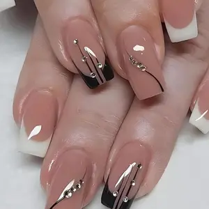 Luxury French Stripe Wearable Nails, Sweet Cool Rhinestone Design, Glittering Fake Nails, Short Square Glossy Finish, Fake Nail Tips for Women