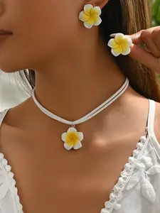 Acrylic Plumeria Flower Jewelry Set, Hawaiian Frangipani Choker Necklace & Earrings for Women, Boho Tropical Style, Lightweight Acrylic Design, Perfect for Beach Vacations, Summer, Luaus & Daily Wear, Trendy Floral Jewelry