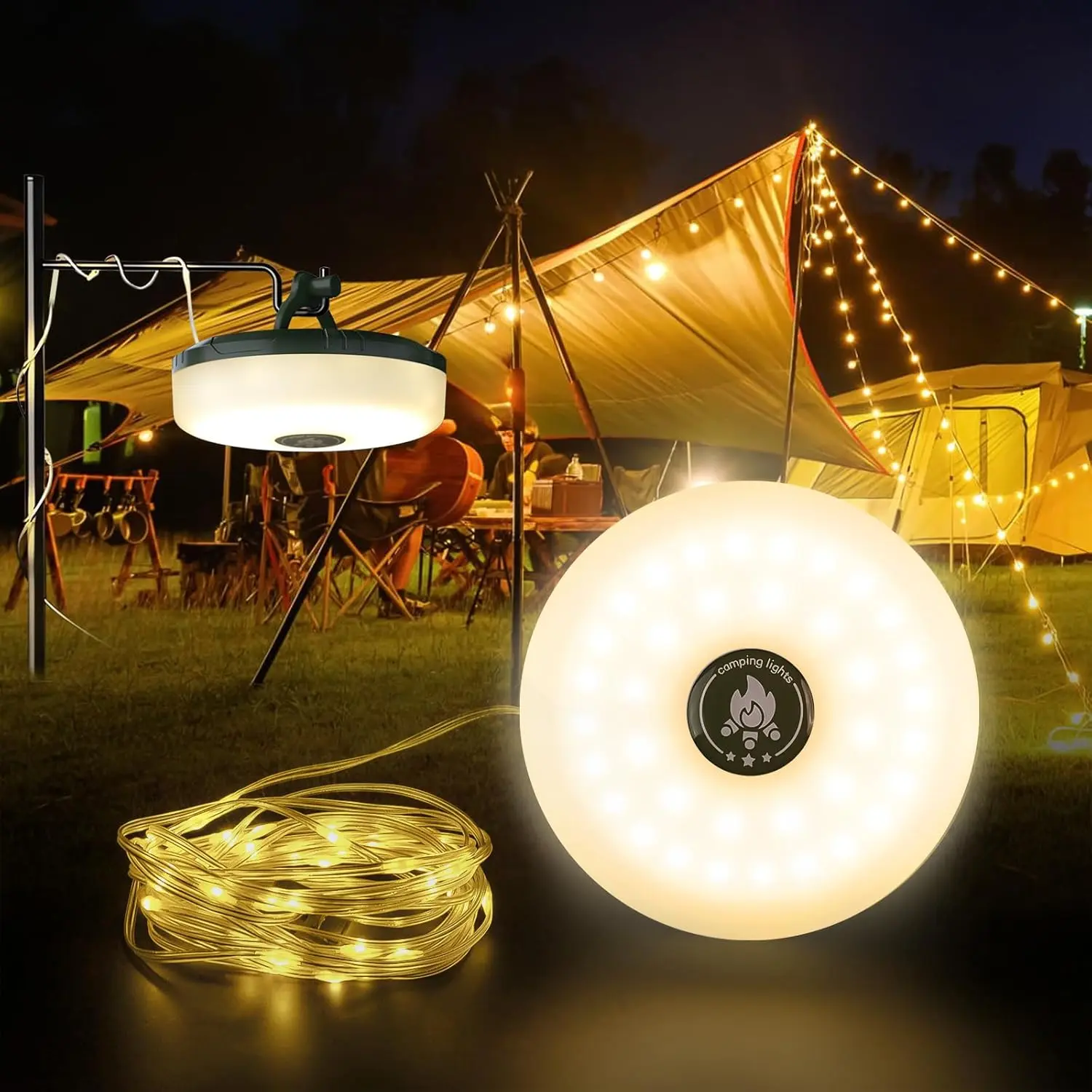 Camping light string, 32.8Ft Retractable LED String Lights, Solar & Battery Powered, Waterproof Emergency Outdoor Lights