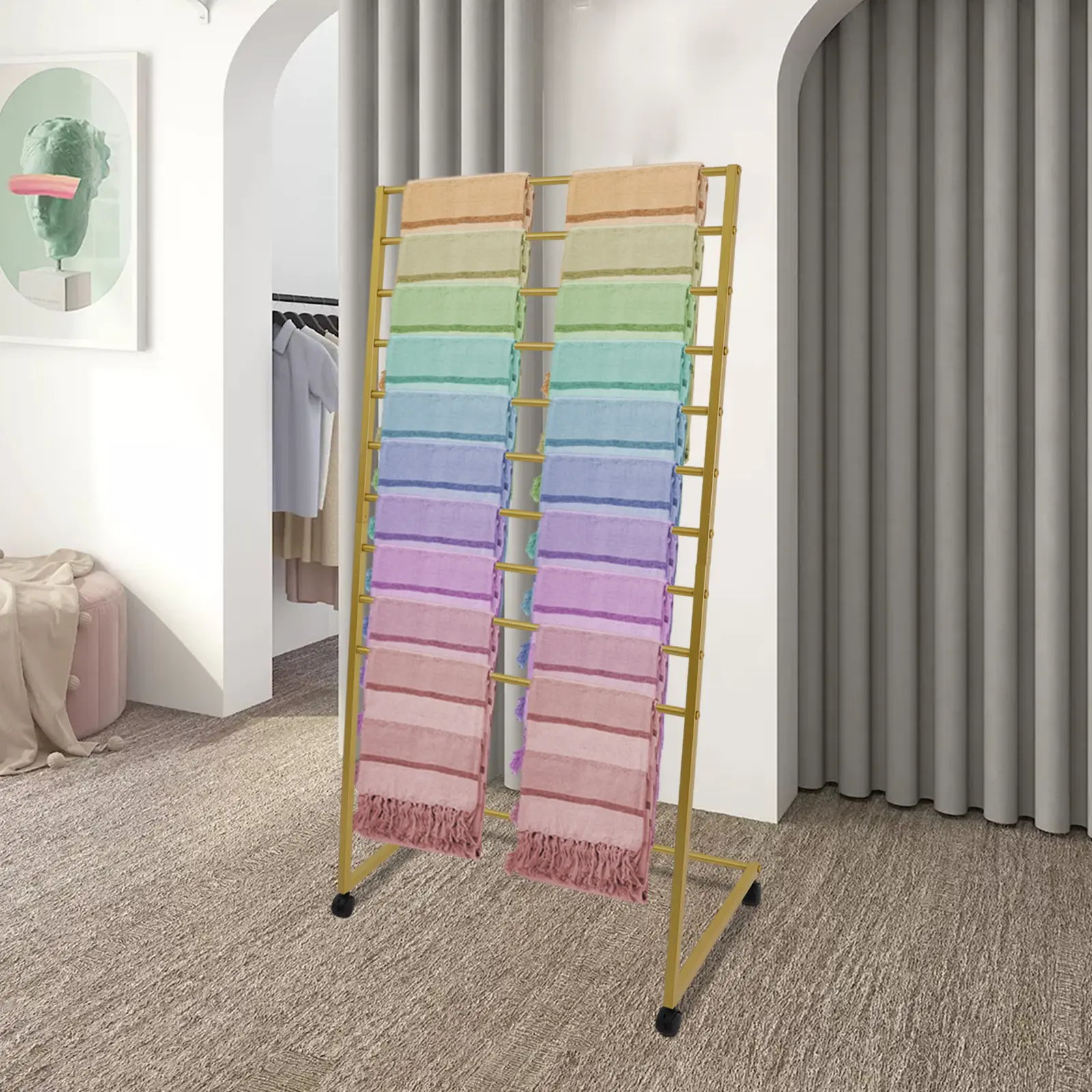 CNCEST Gold Carbon Steel Hanging Scarf Holder - 10-Rod Display Organiser, 30lbs (13.6kg) Stable Rolling Rack with 4 Wheels, Hanging Towel Rack for Home & Store Use