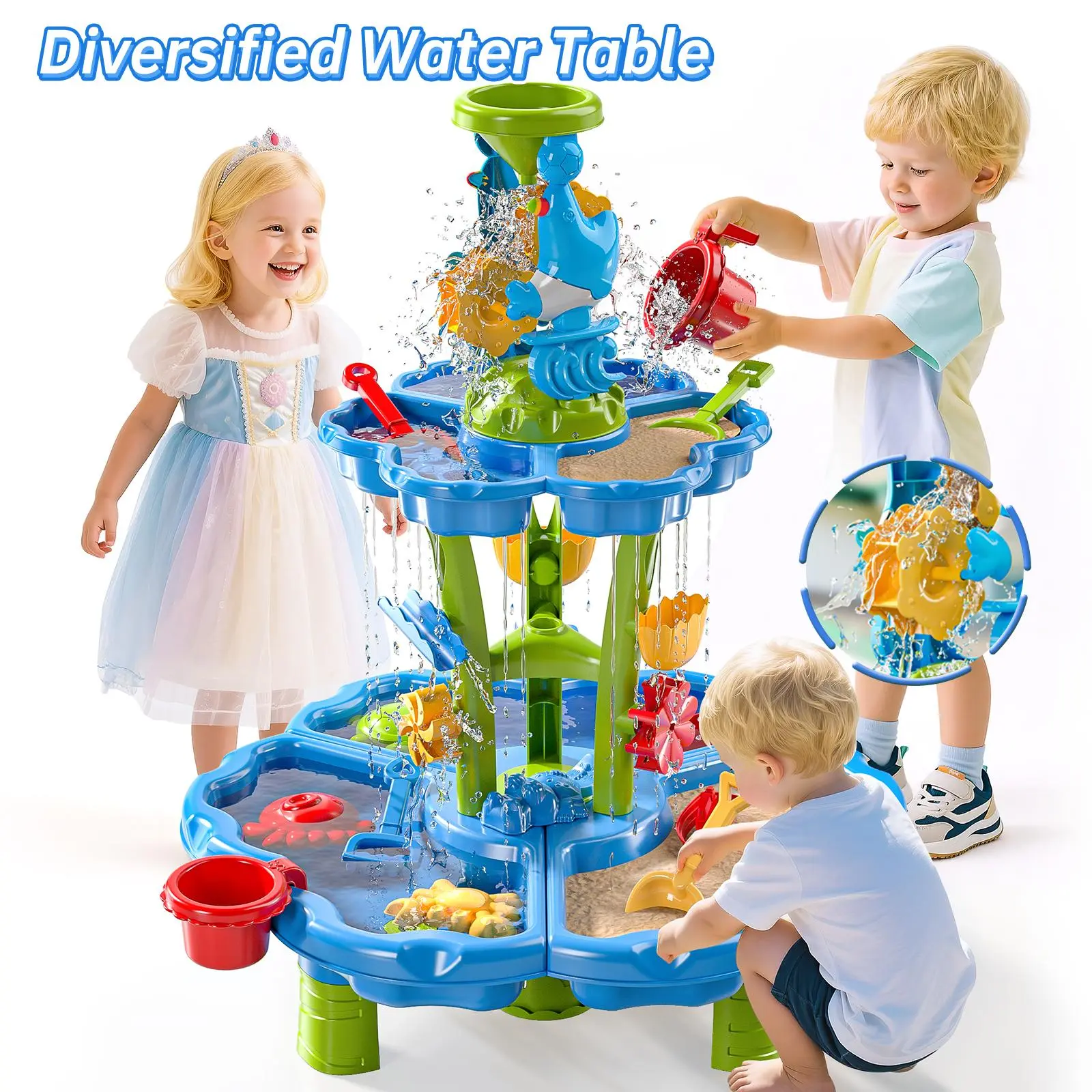 2-Tier Sand and Water Table for Kids Outdoor Play, 4-6 Years Backyard Play Toy, Ideal Christmas Birthday Holiday Gift, 2-Tier Water Table, Beach Surfing