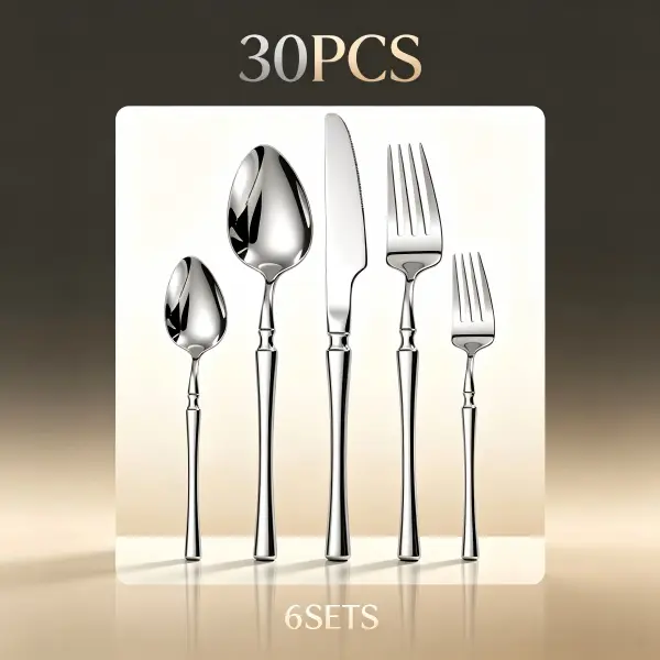 30-Piece Stainless Steel Flatware Set - Service for 6, Classic Shape, Smooth Gloss, Dishwasher-Safe Knives Forks Spoons, for Home Daily Use & Parties, Sohochic silverware