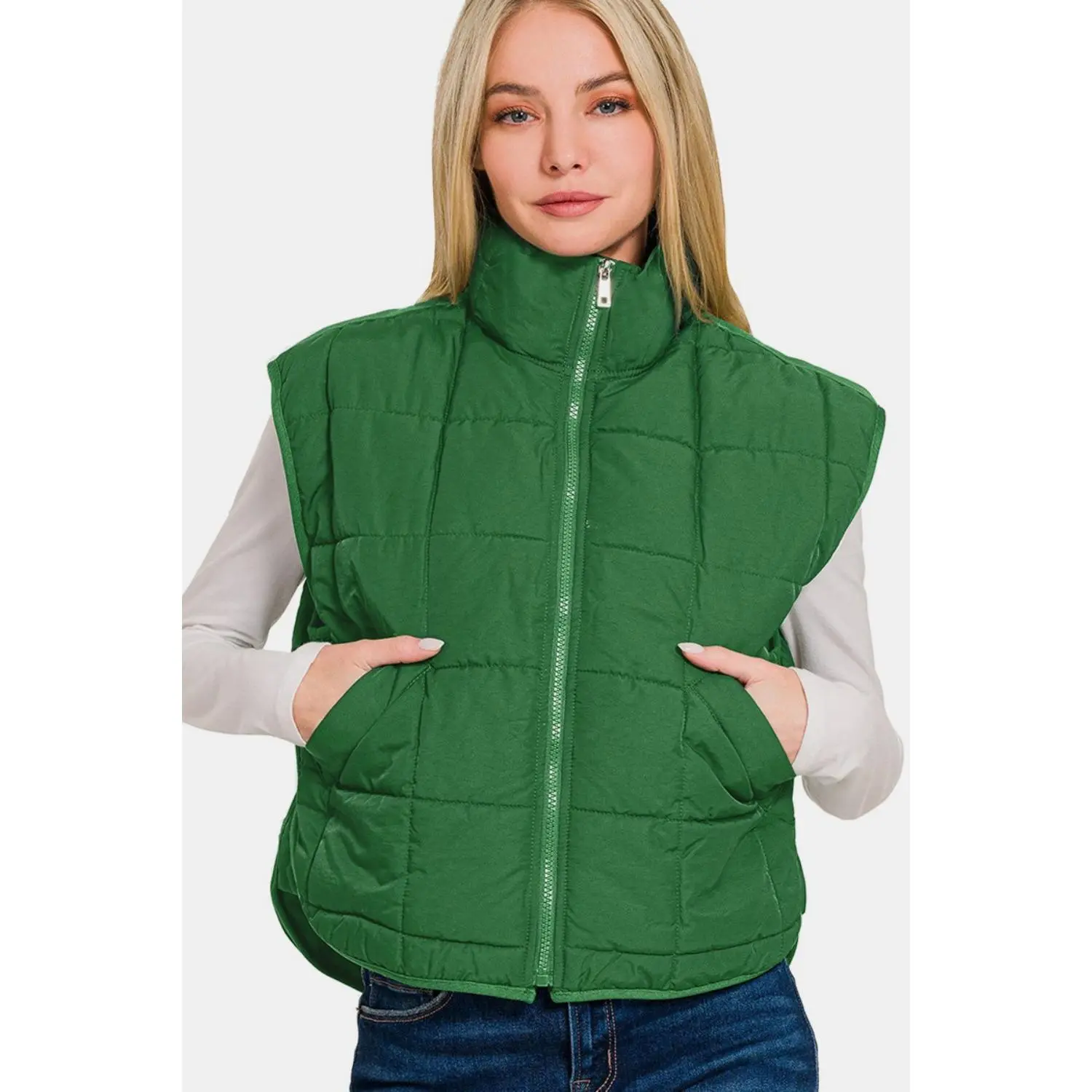 Zenana Zip Up Cropped Puffer Vest with Pockets