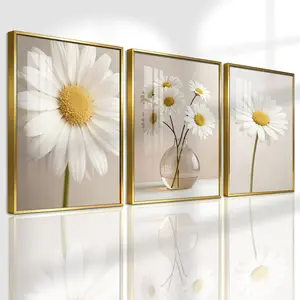 3 Counts Aluminum Alloy Framed Painting, White Daisy Flower Vase Pictures, Home Decoration For Living Room, Bedroom, Office, Restaurant, Hallway Wall Decor, Odorless Print Artwork, Luxury Perfect Gift For Friends And Family