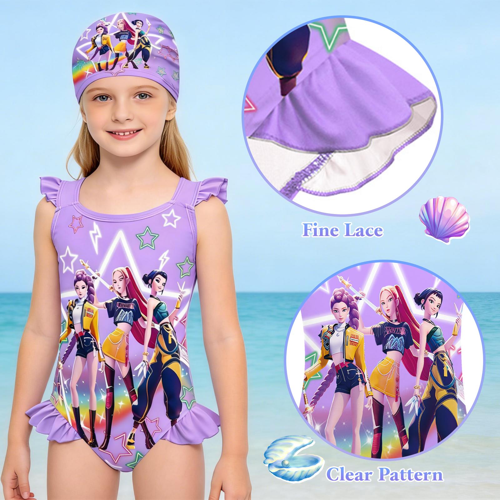 KPop  Inspired Girls Swimsuit Set, Includes Separate Swim Cap, Cute K-pop Anime Bathing Suit for Kids, Soft Stretch Summer Swimwear