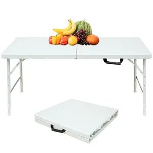 GAOMON Portable 4ft Adjustable Height Plastic Folding Table - Heavy Duty Fold-in-Half Table with Carrying Handle - Utility Table for Picnic, Party (White)