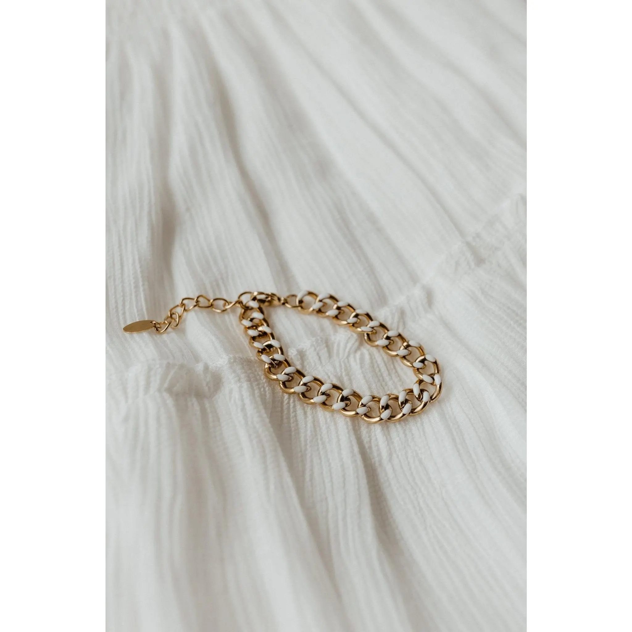 Women's Reversible Bra Accessory Bracelet - Gold-Plated Stainless Steel 6.7" Solid Chain, 10mm Thickness, White Enamel Playful Touch, Elegant Modern Bold Link Design, Chic Daily Wear, Fashion Tape, Polyethylene Adhesive Extenders, Metal Coating