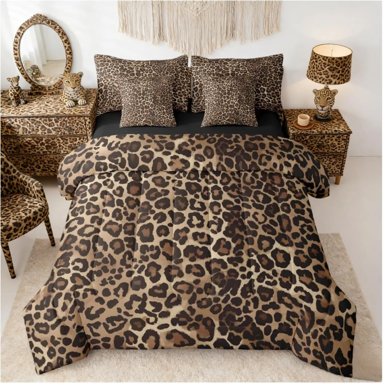Feelyou 7-Piece Leopard Print Bedding Set - Cheetah Decor Comforter Set with Sheets, Geometric Modern Bed in A Bag, Bedding Sets