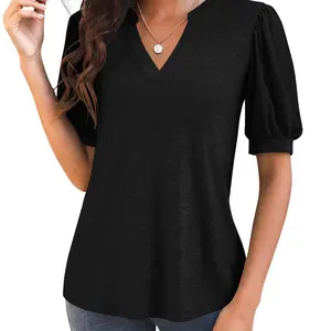 Minimalist PiePieBuy Women's fashion summer pleated button lace half sleeve T-shirt V-neck solid color casual Tunic top Fit Black Shortsleeve Silky  Loose Tshirt Comfort Simple Womenswear casual outfits women