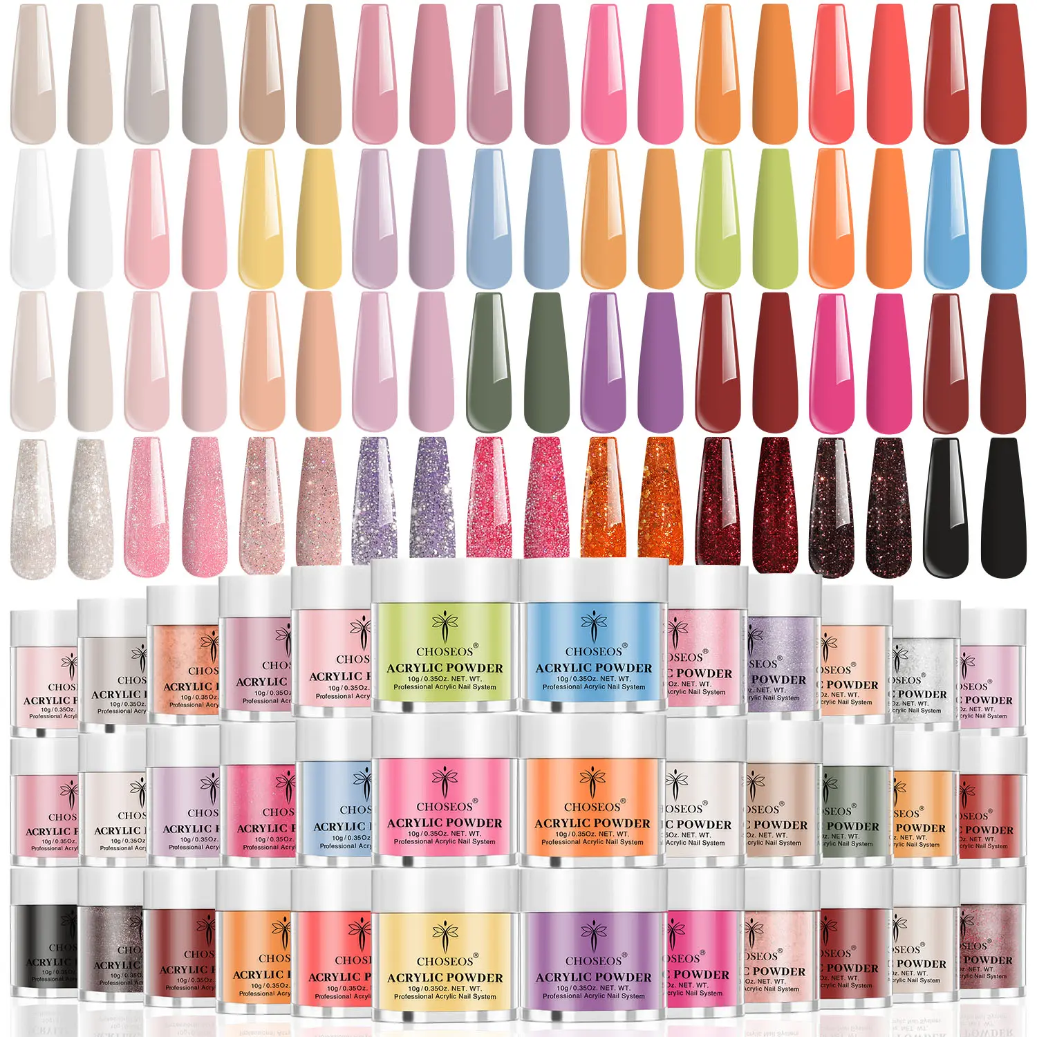 CHOSEOS 36 Colors Acrylic Powder Set Hot Pinkish Red Black Color Dipping Powder Glitter Purple Brown Nail Powder For Nail Salon Or Gift For Women Girls
