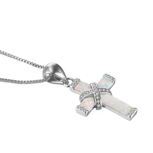 Exquisite White Cross Necklace with Opal Gemstone and Rhinestones, Pendant with Special Box, Women's Sports & Outdoor Protective Gear Accessory for Daily Use or Holiday Gifting,summervibes