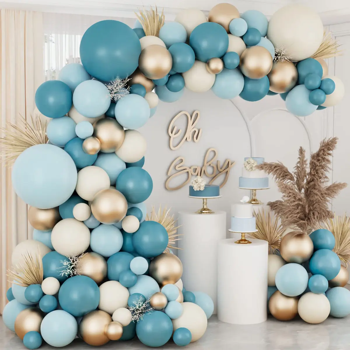 95 pcs Aqua Blue and Sand White Balloons—a beautiful combination of aqua blue and white balloons—perfect for birthday parties, wedding and engagement decorations, anniversaries, holiday decorations, and home decor
