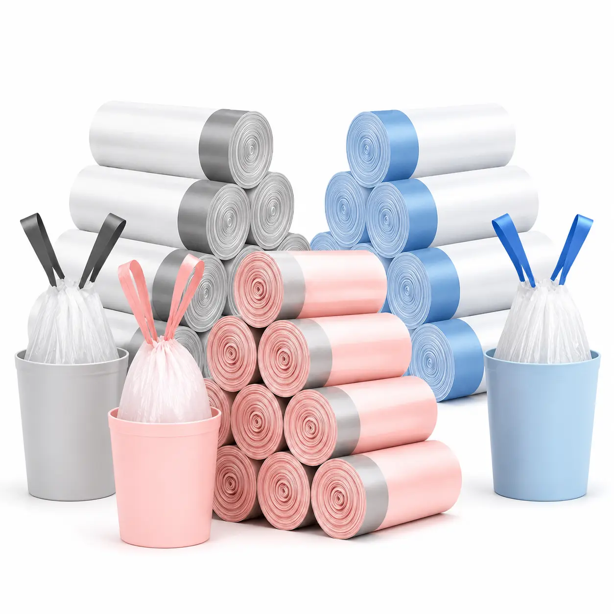 Drawstring trash bags, 10 rolls with 150 bags, tall kitchen trash bags, thickened with a fresh scent, with drawstrings, recyclable trash bags, suitable for home kitchens, offices, RVs, and camping (pink, blue, white)