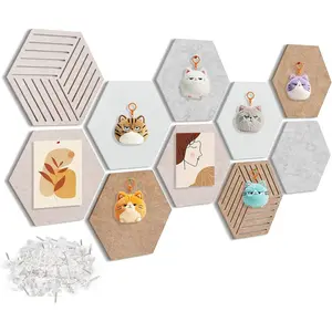 Hexagon Cork-Bulletin Board Tiles 10 Pack 12'' x 10'' Adhesive Small Cork Board Hexagon for Office Wall Decor, Cute Pinboard with 30 Push Pins