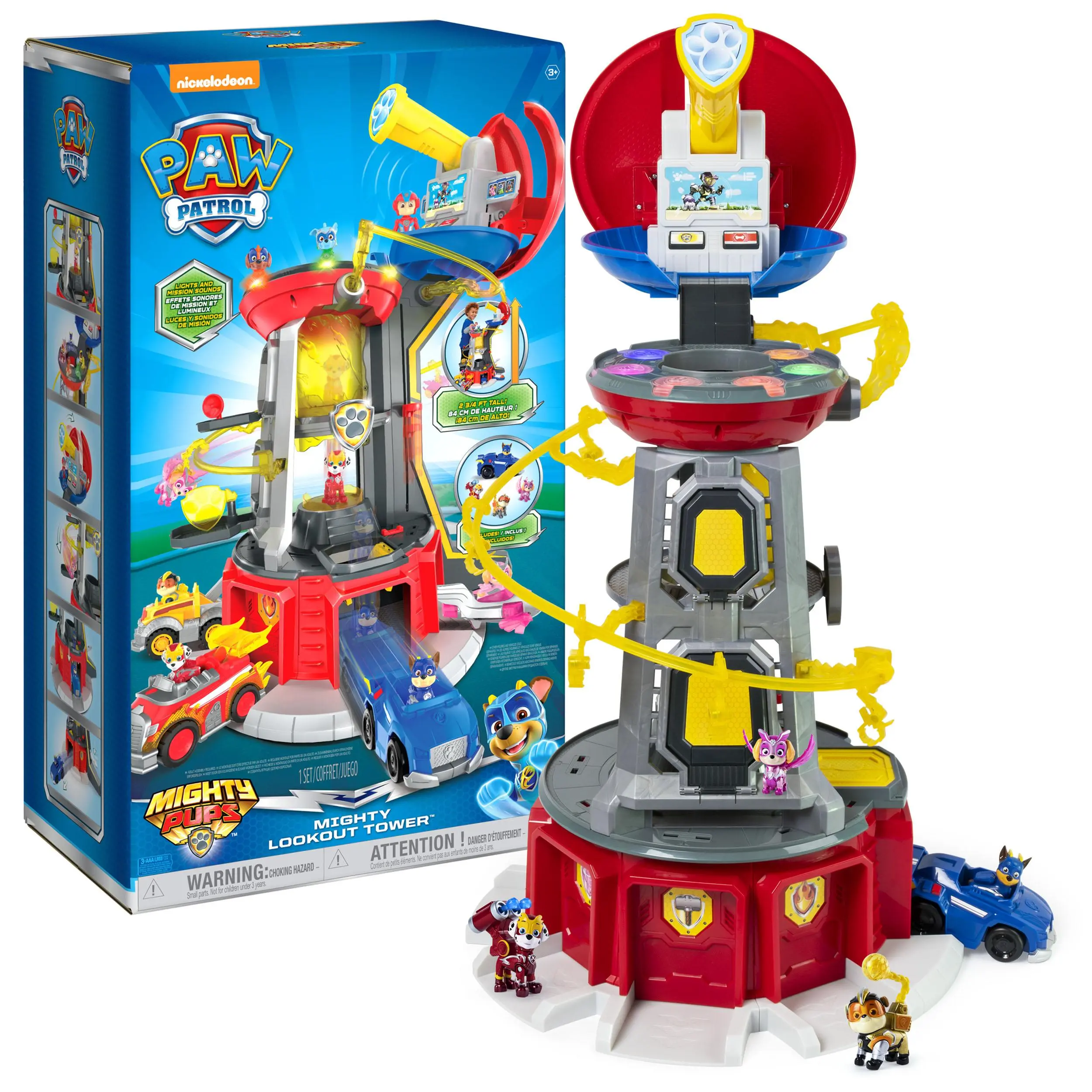 PAW Patrol Mighty Lookout Tower Set - Action Figures Playset with 4 Exclusive Mighty Pups Bonus Figures, Toy Car, Lights, Sounds, Zipline Action (Amazon Exclusive) - Kids Toys for Ages 3+