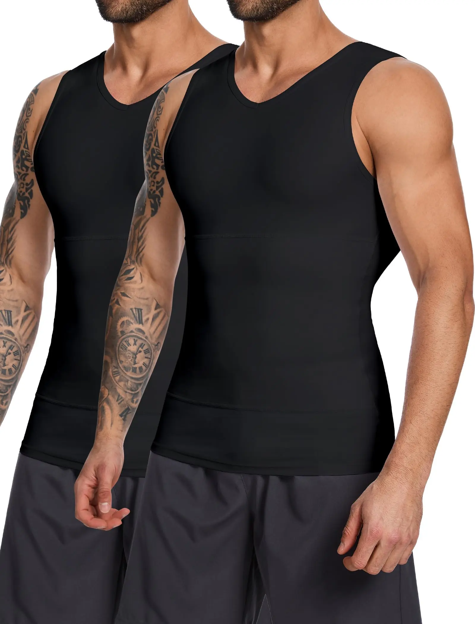 2 Pack Gynomastica Tummy Control Undershirt V Neck Compression Shirt for Men Slimming Vest Tank Tops Shapewear