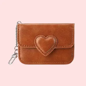 Heart-Shaped PU Leather Card Holder – Macaron Color Mini Wallet for Women, Cute Compact Card Case with Coin Pocket for Girls Slim