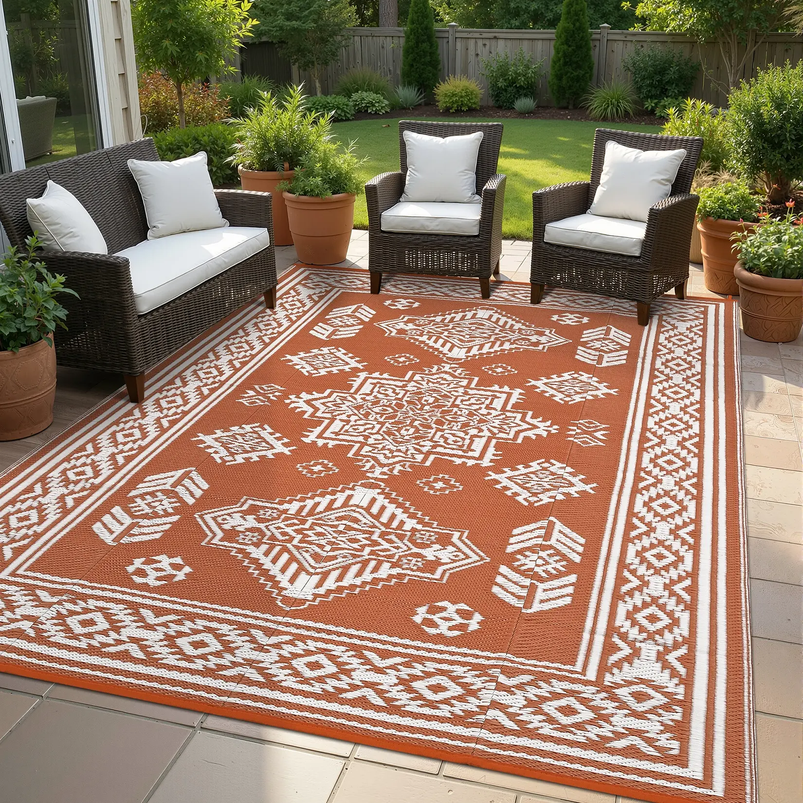 Large-size Outdoor Waterproof Rug with Retro Border and Print Foldable for Indoor and Outdoor Use Washable for RVs Terraces Balconies Beaches and Patios
